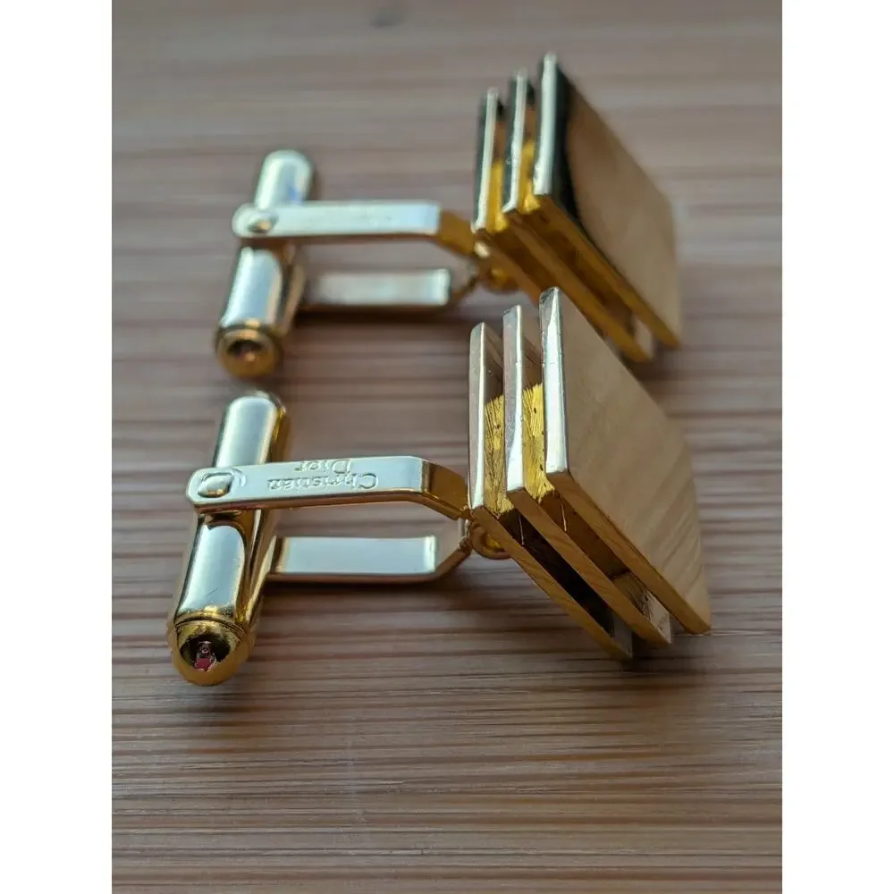 Christian Dior Logo Gold Tone Three Layered Square Cufflinks